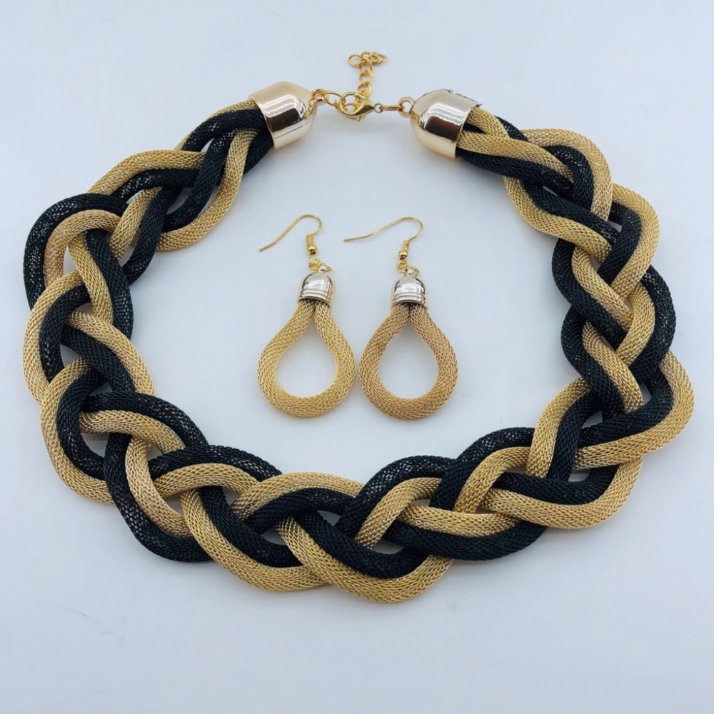 Braided Mesh Black/Gold Necklace and Earring Set